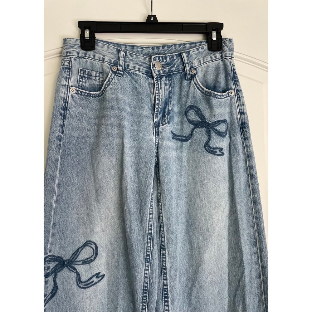 Vintage Y2K Blue Bow Embroidered Wide Leg Denim Jeans - Picture 2 of 7